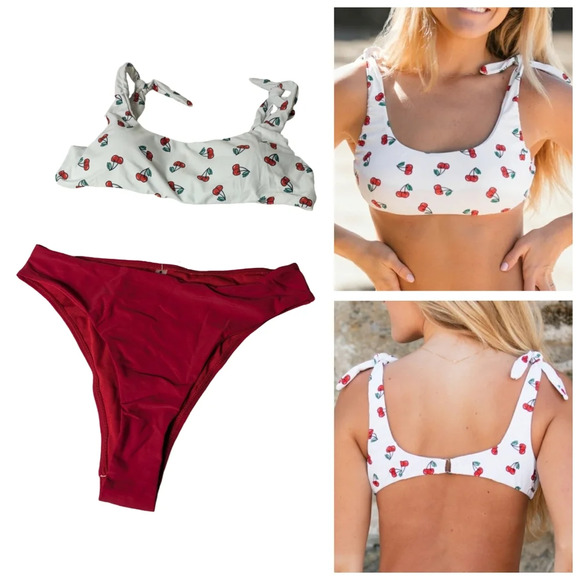 Skinny Dip "Cherries" Bikini Red High Cut Highrise Bottoms Size Medium - Picture 1 of 12